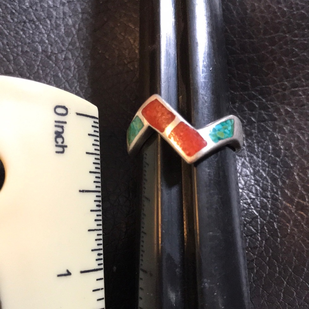 Turquoise and coral Navajo Sterling ring - Picture 2 of 3